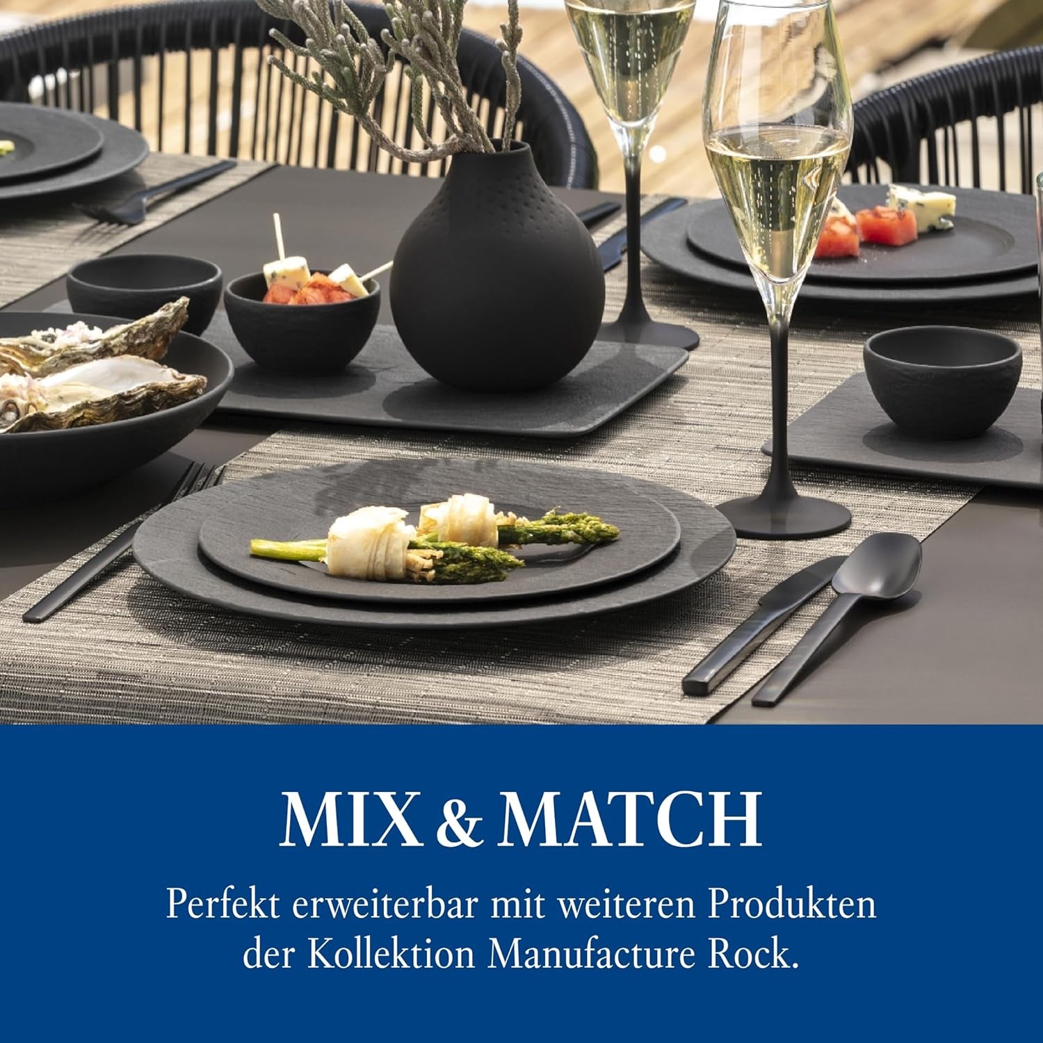 Villeroy & Boch Manufacture Rock Starter-Set, 6-teilig, schwarz, spülmaschinenfest, mikrowellengeeignet, mattschwarzes Geschirrset, Geschirr, Besteck, Premium-Porzellan