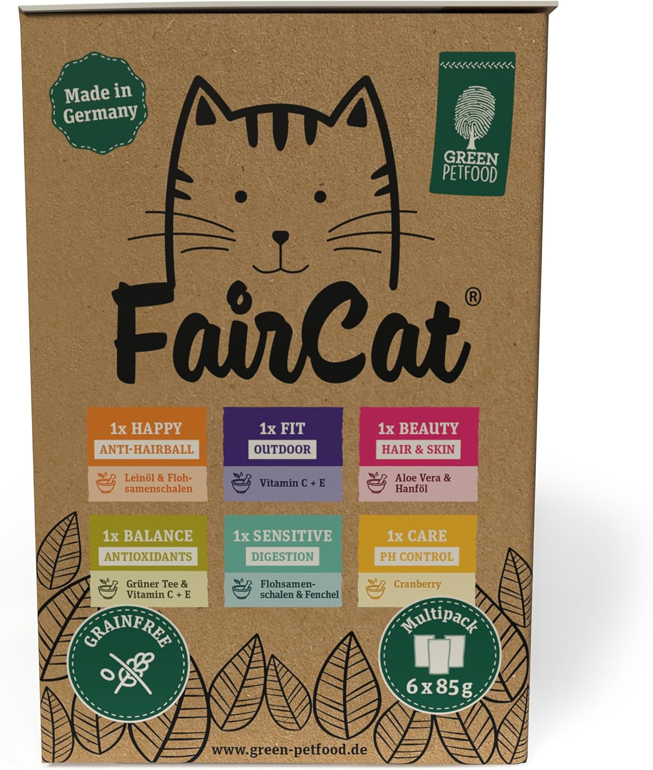 Green Petfood FairCat Multipack (6 x 85 g) | Erwachsener | Premium-Nassfutter für ausgewachsene Katzen 6 verschiedene leckere Sorten im Multipack | getreidefrei | Katzenfutter nass | 6er-Pack