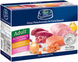 Dehner Premium Nassfutter für Katzen, Multipack, ausgewachsene Katzen, je 4 Stück: Lamm / Truthahn / Lachs, 12 Beutel x 100 g (1,2 kg)