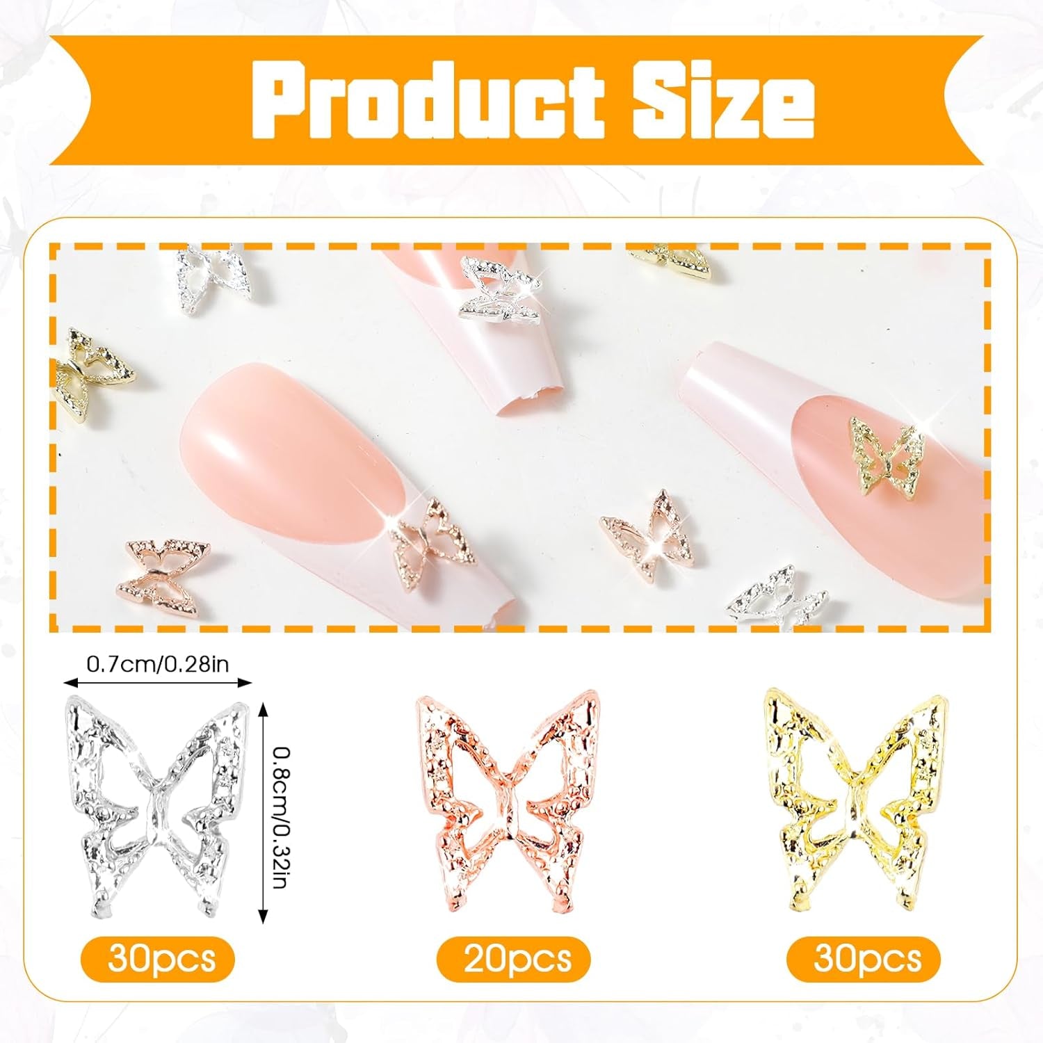 80 Stück 3D-Schmetterlings-Nagelanhänger, Legierung, Schmetterling, Gold, Silber, Glitzer, Nagelkunst-Dekorationen, Nagelschmuck, Zubehör, DIY, Maniküre für Frauen