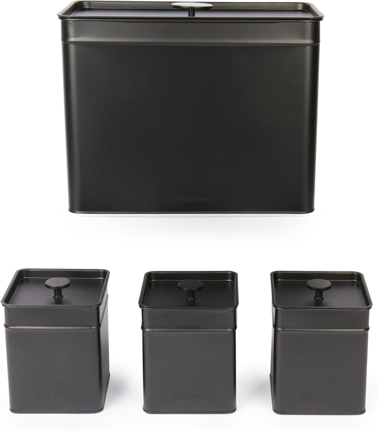Salter BW12614EU7 Kuro-Aufbewahrungsbox-Set – 4 Küchenbehälter, Brot/Tee/Kaffee/Zucker, quadratische Organizer-Boxen, leicht zu reinigen, hält Lebensmittel frisch, schwarze Lebensmittel-Aufbewahrungsboxen, Naty Shop
