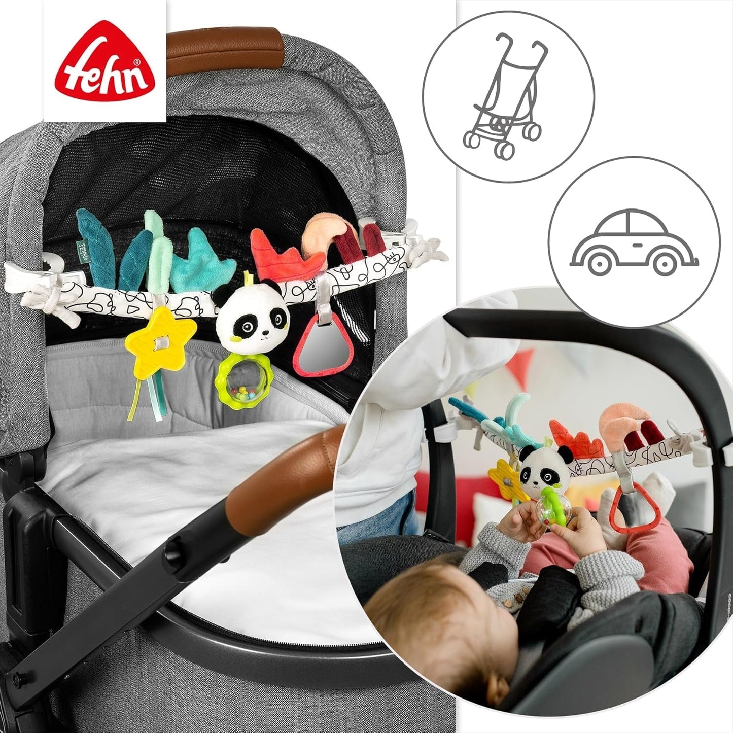 Fehn Baby-Mobile-Kette Panda Baby Mobile – Baby-Mobile-Kette mit süßen Figuren – flexibel hängendes Babyspielzeug – Kinderwagenspielzeug für Babys und Kleinkinder ab 0+ Monaten Babyspielzeug Naty Shop