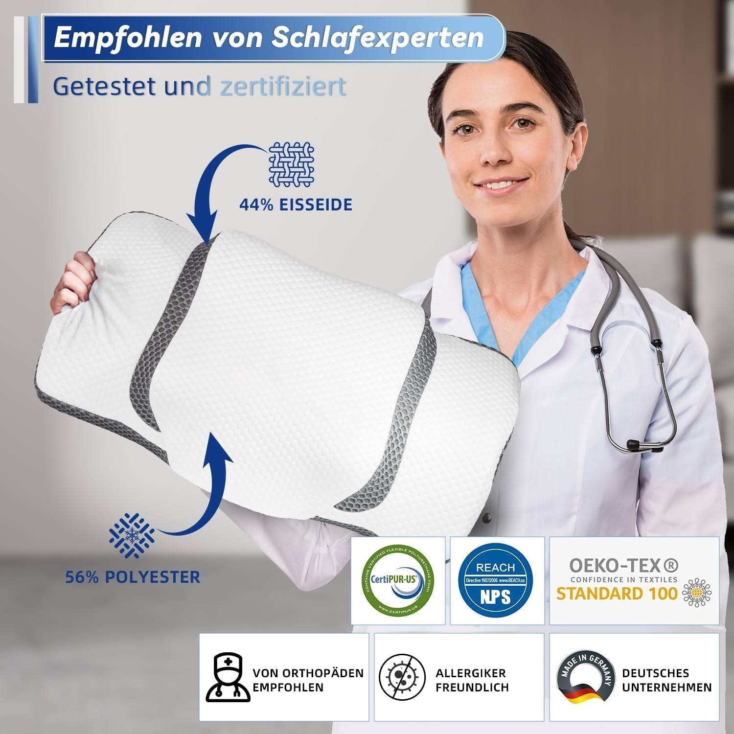 Orthopädisches Kissen, ergonomisches Nackenkissen, Kopfkissen, Original-Memory-Schaum-Kissen für Seiten, Rücken- und Bauchunterstützung, Nackenstützkissen für Männer, Frauen (67,3 x 38,2 x 13,8/3 cm). Orthopädische Halskissen von Naty Shop