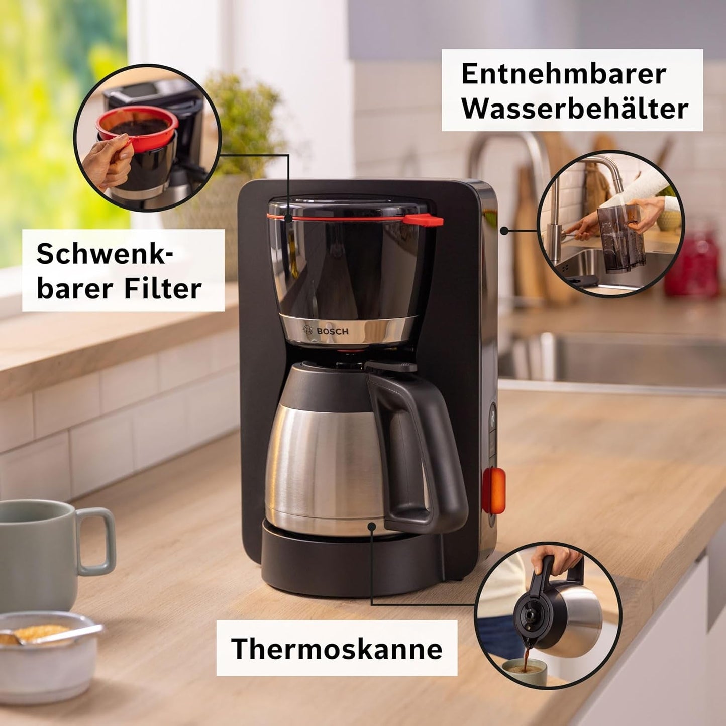 Bosch MyMoment TKA6M273 Filter-Espressomaschine, 1 l Thermokaraffe, 8–12 Tassen, Anti-Tropf-System, rotierender Filterhalter, Entkalkungsprogramm, abnehmbarer Wassertank, 1200 Watt, mattschwarz