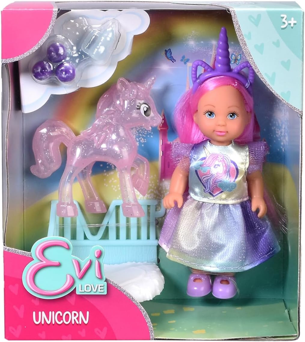 Simba Evi Love Einhorn-Spielpuppe trägt ein süßes Einhornkleid mit passendem Stirnband, inklusive Einhorn mit Stall, Äpfeln und einer Trinkflasche, 12 cm, ab 3 Jahren
