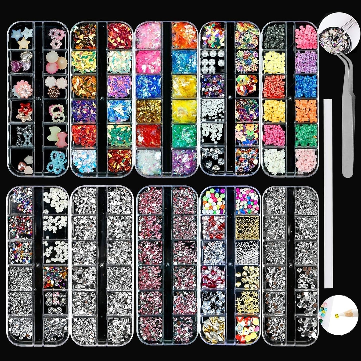 10 Boxen Nagel-Strasssteine-Set, multifunktionales Zubehör mit 1 Pinzette, dekorative Diamanten, Kristalle, Perlen, Edelsteine, bunt, gemischt, Pferdeaugen, metallische Steine, für DIY-Nagelkunst-Dekorationen