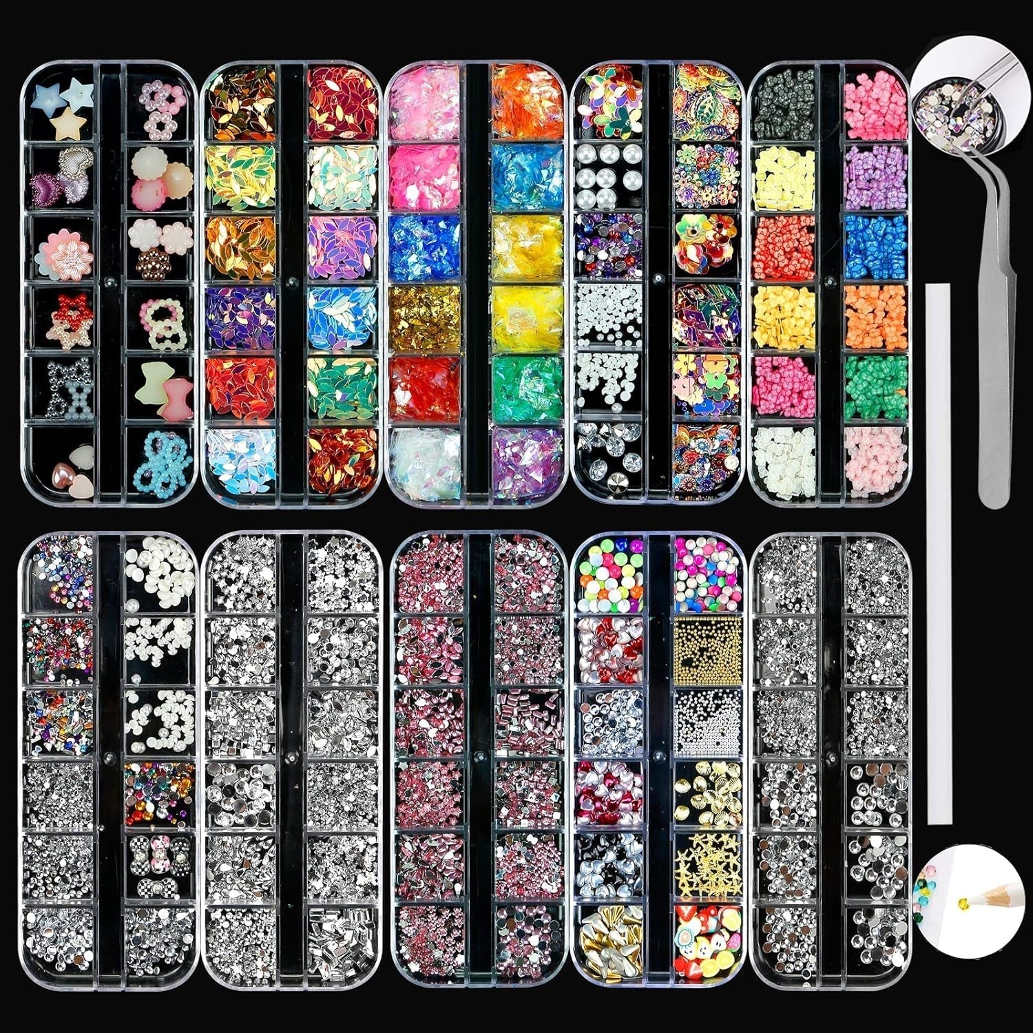 10 Boxen Nagel-Strasssteine-Set, multifunktionales Zubehör mit 1 Pinzette, dekorative Diamanten, Kristalle, Perlen, Edelsteine, bunt, gemischt, Pferdeaugen, metallische Steine, für DIY-Nagelkunst-Dekorationen