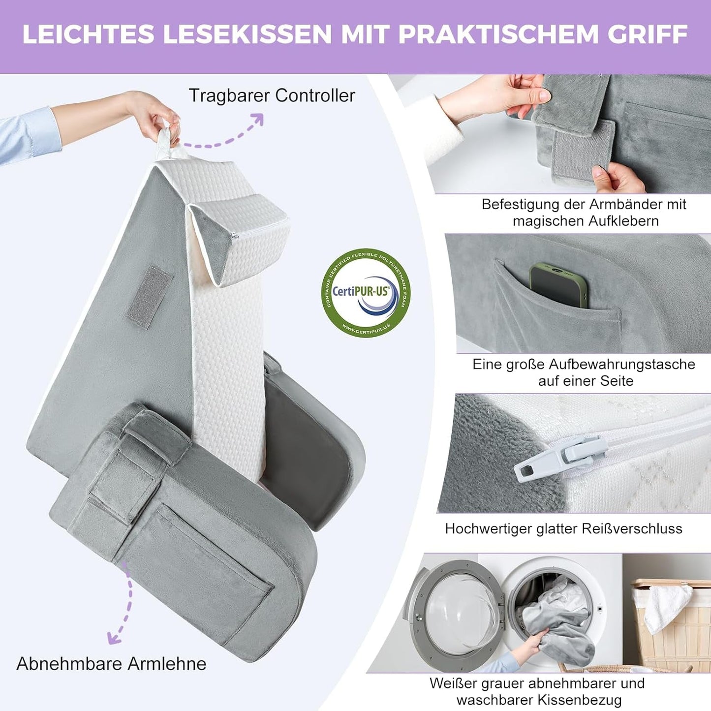 Großes Lesekissen mit Griffstange, hochdichtem Schaumstoff, ergonomischem Rückenkissen, Armlehnen, Nackenstütze und Kopfstütze, Liegesitzkissen zum Schlafen, Spielen, Fernsehen, für Bett und Sofa