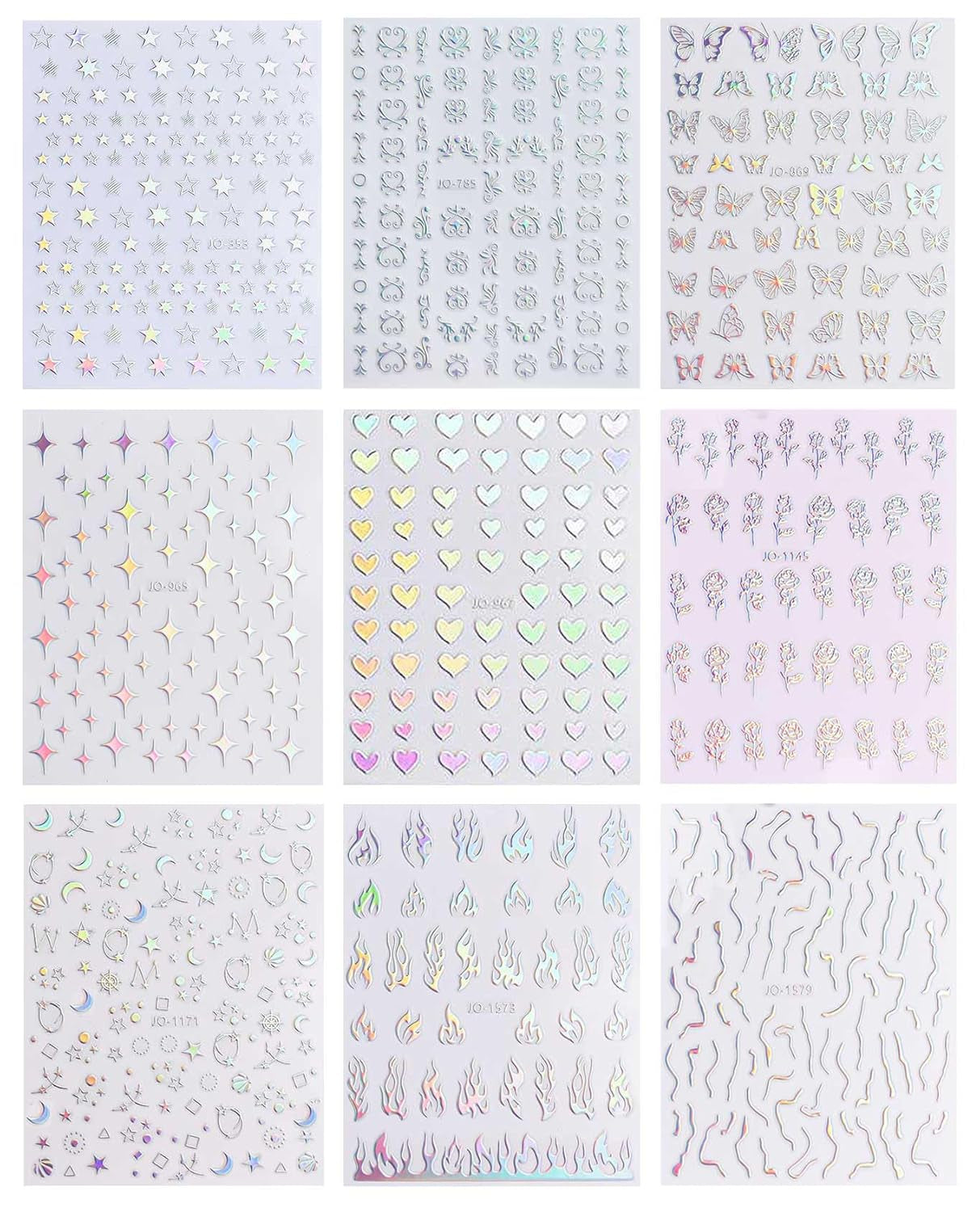 JMEOWIO Nagelsticker Aurora Holografisch 9 Blatt Nagelaufkleber Selbstklebend Herz-Flamme Spielt Schmetterlings-Mond Die Steuern Nail Art Sticker Dekoration Nageldesign Zubehör