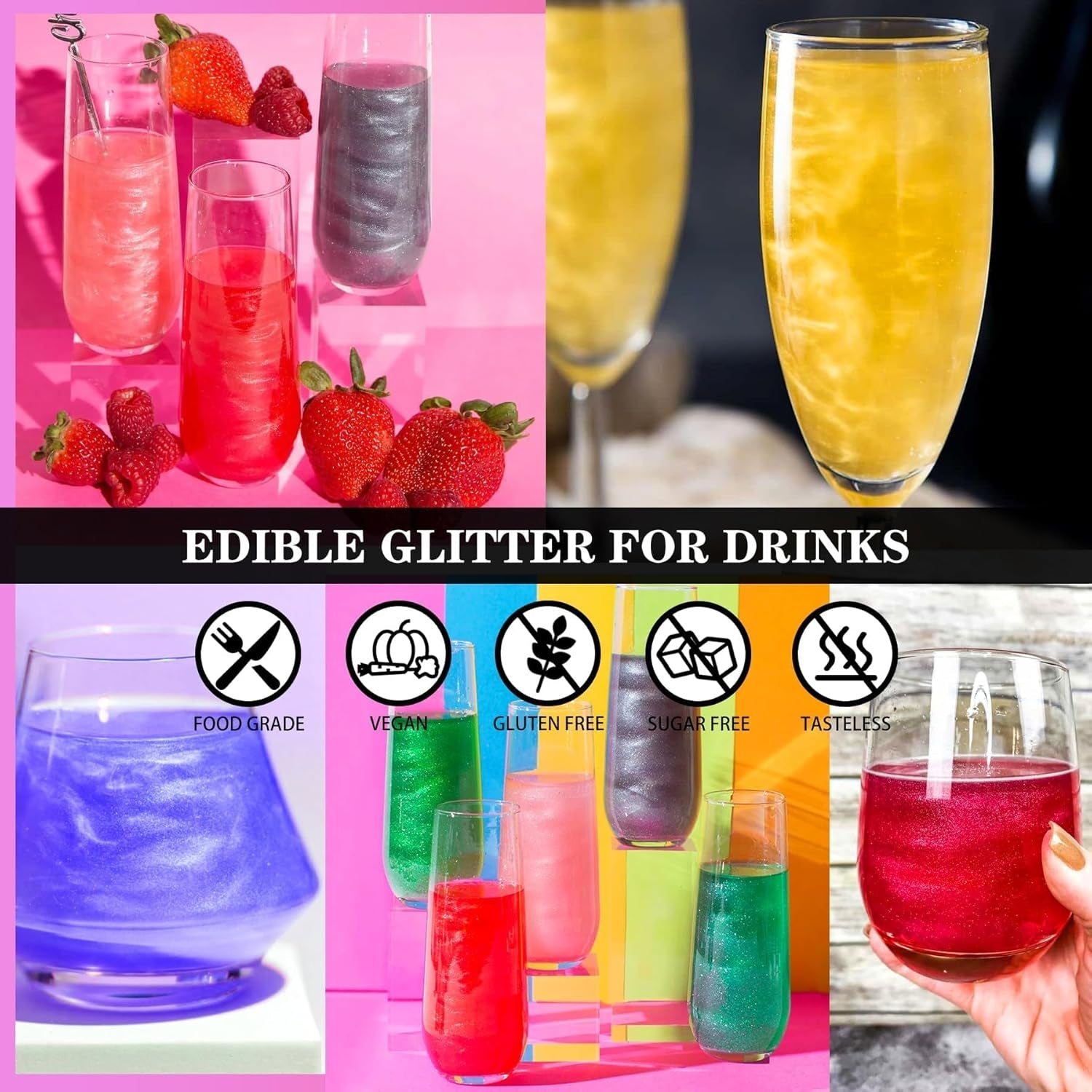 Essbares Glitzerspray-Set – 20 g schillernder Glitzerstaub für Getränke, Champagner, Kuchen – essbare metallische Lebensmittelfarbe für Cocktails, Wein, Likör, Backen, Kuchen
