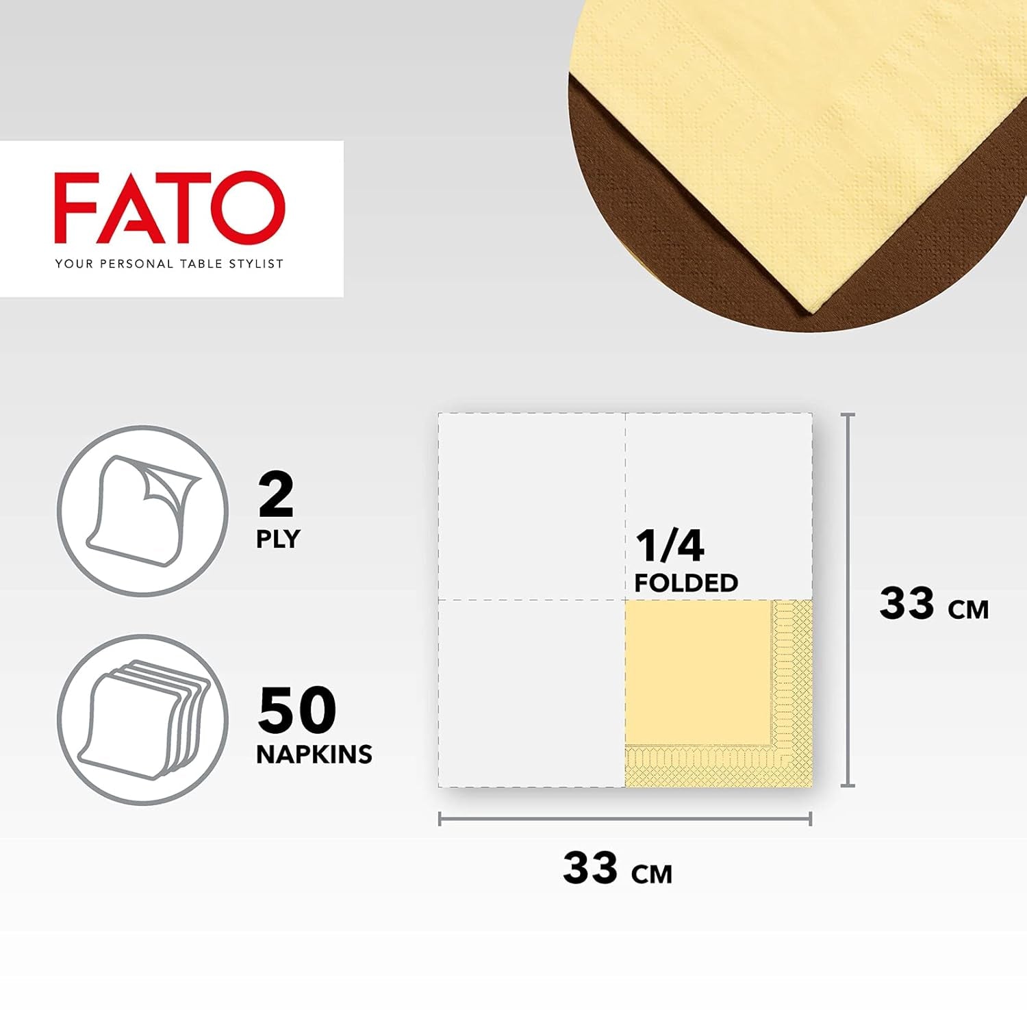 Fato – Einweg-Papierservietten, ideal für zwanglose Mittagessen und Buffets, Packung mit 50 Servietten, Größe 33 x 33, 4-fach gefaltet, 2-lagig, Champagnerfarbe, 100 % reines Zellulosepapier, FSC