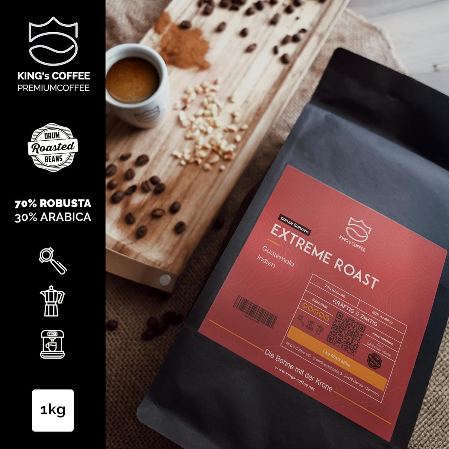 KING'S COFFEE - EXTREME ROAST - Espresso Intenso Bohnen - sehr geringer Säuregehalt - Kleinserienröstung aus Italien - Kaffeebohnen für Vollautomaten und Siebträgermaschinen - 1 kg