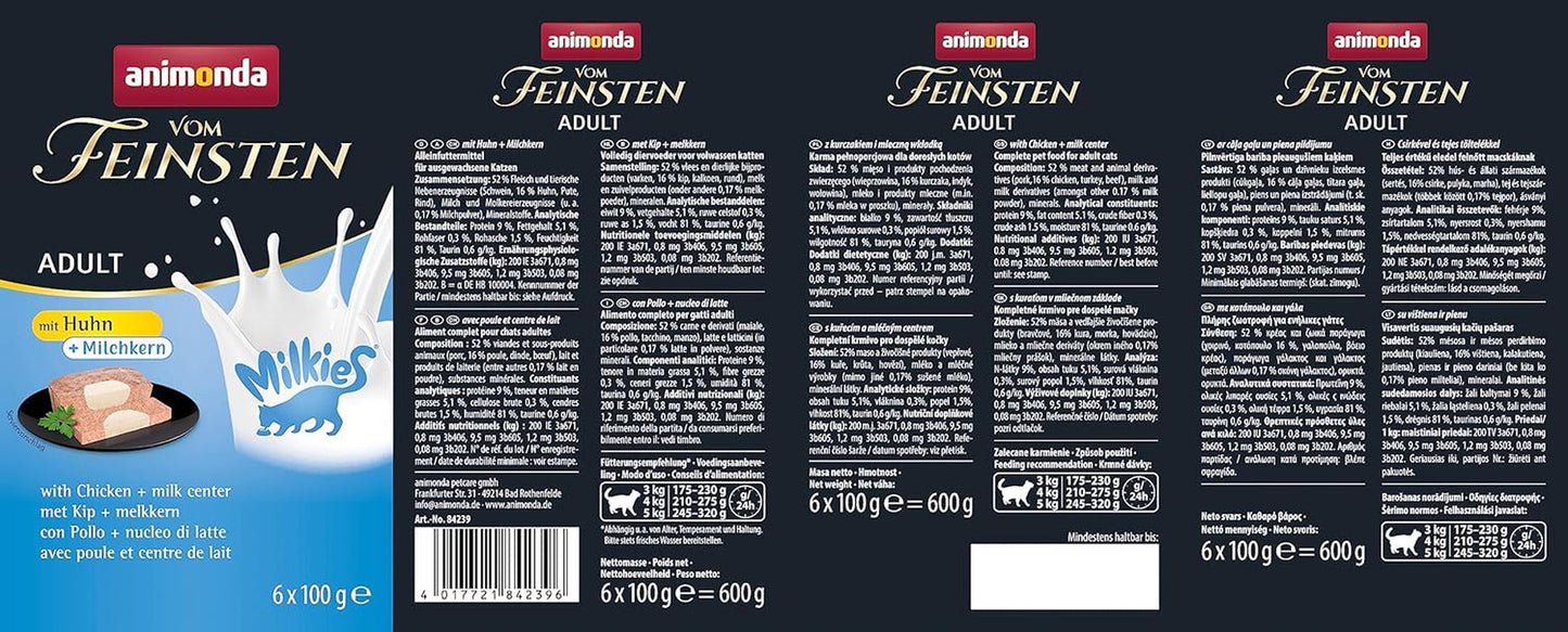 animonda Vom Feinsten Adult Cat Food, Nassfutter für ausgewachsene Katzen, mit Huhn + Milchkern, 6 x 100 g