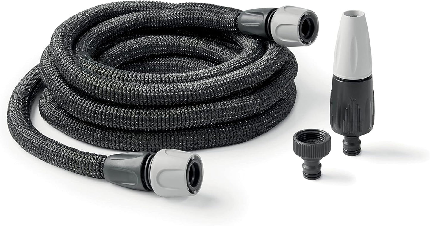 GF SRL, Aquapop Grey Easy 10, 10 Meter selbstverlängernder geflochtener Schlauch, hergestellt in Italien, mit Mini-Gartensprüher und Anschlüssen für die Gartenbewässerung, dunkelgrau