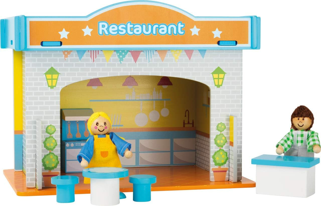 Small Foot 10852 Spielhaus Restaurant aus Holz, mit 2 Puppenfiguren, Zubehör und abnehmbarem Dach, ab 3 Jahren Naty Shop Puppenhäuser