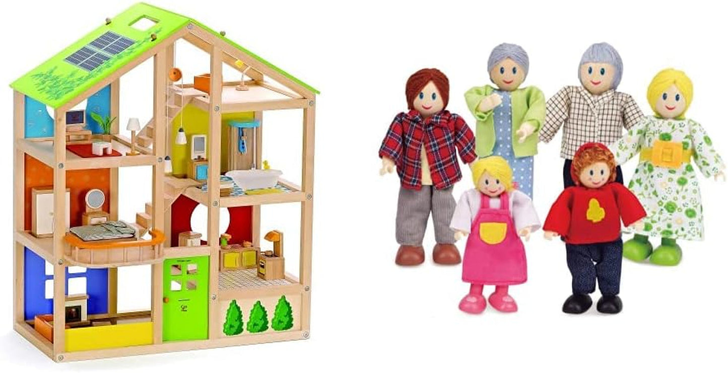 Hape E3401 Vier-Jahreszeiten-Haus, möbliert und E3500 – Puppenfamilie, helle Haut