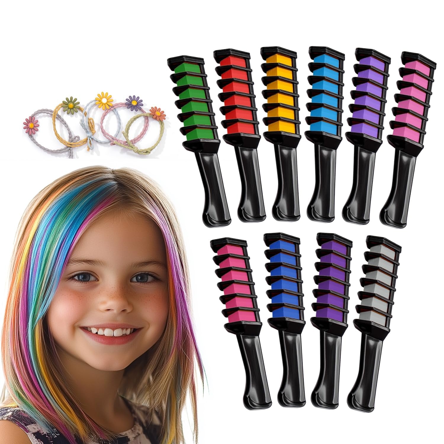 Magicat Haarkreide für Mädchen im Set I 10 auswaschbare Farben und 5 Haargummis I Geschenk für Mädchen von 4 bis 10 Jahren I Kreatives Geschenk zum Kindergeburtstag 2025 I Sichere und farbenfrohe Naty Shop Haarfarbe 200 g (1 Packung)
