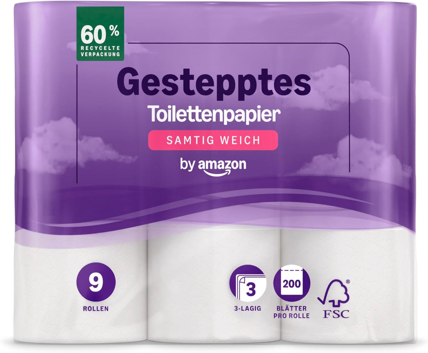By Amazon Toilettenpapier, 3-lagig gesteppt, samtig weich, 36 Rollen (9 Rollen, 4er-Pack), 200 Blatt pro Rolle, FSC-zertifiziert