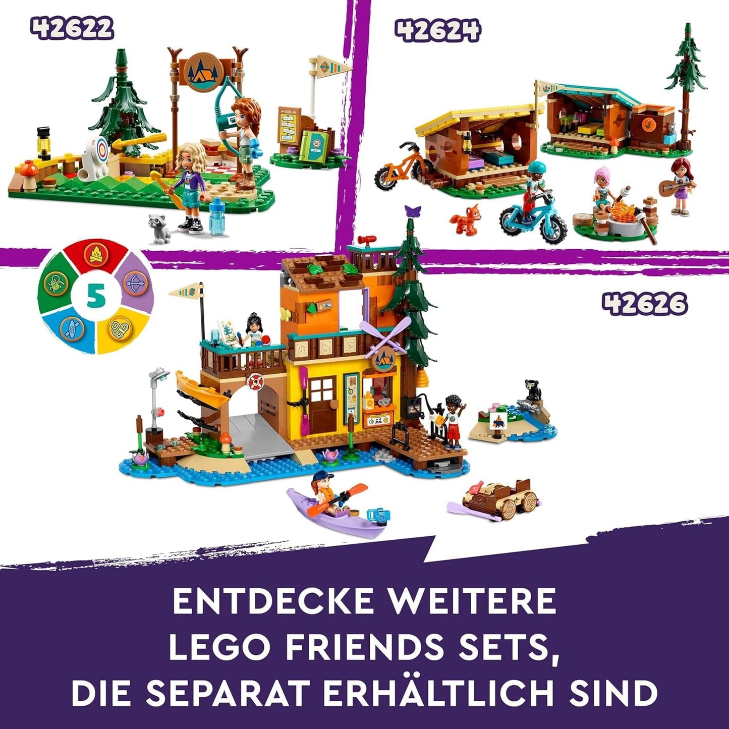 LEGO Friends Gemütliche Hütten im Abenteuercamp, Outdoor-Rollenspielset, Kinderspielzeug für Mädchen und Jungen ab 7 Jahren mit 3 Figuren und Fuchs, Campingspielzeug 42624 Bausets Besuchen Sie den LEGO-Store