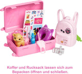 Barbie-Puppe, Reise-Barbie mit blonden Haaren, 10+ Reisezubehör, Aufkleber, Koffer, Welpe, inklusive 1 Puppe, Kindergeschenk, Spielzeug ab 3 Jahren, HJY18