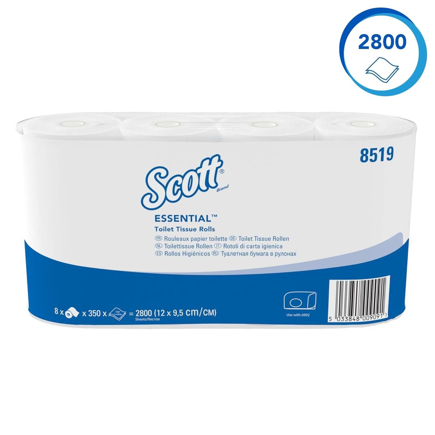 Scott® Essentialtm 8519 Toilettenpapier, 2-lagig, weiß, FSC-zertifiziertes Toilettenpapier aus recycelten Fasern, 64 Rollen x 350 Blatt (insgesamt 22.400 Blatt)