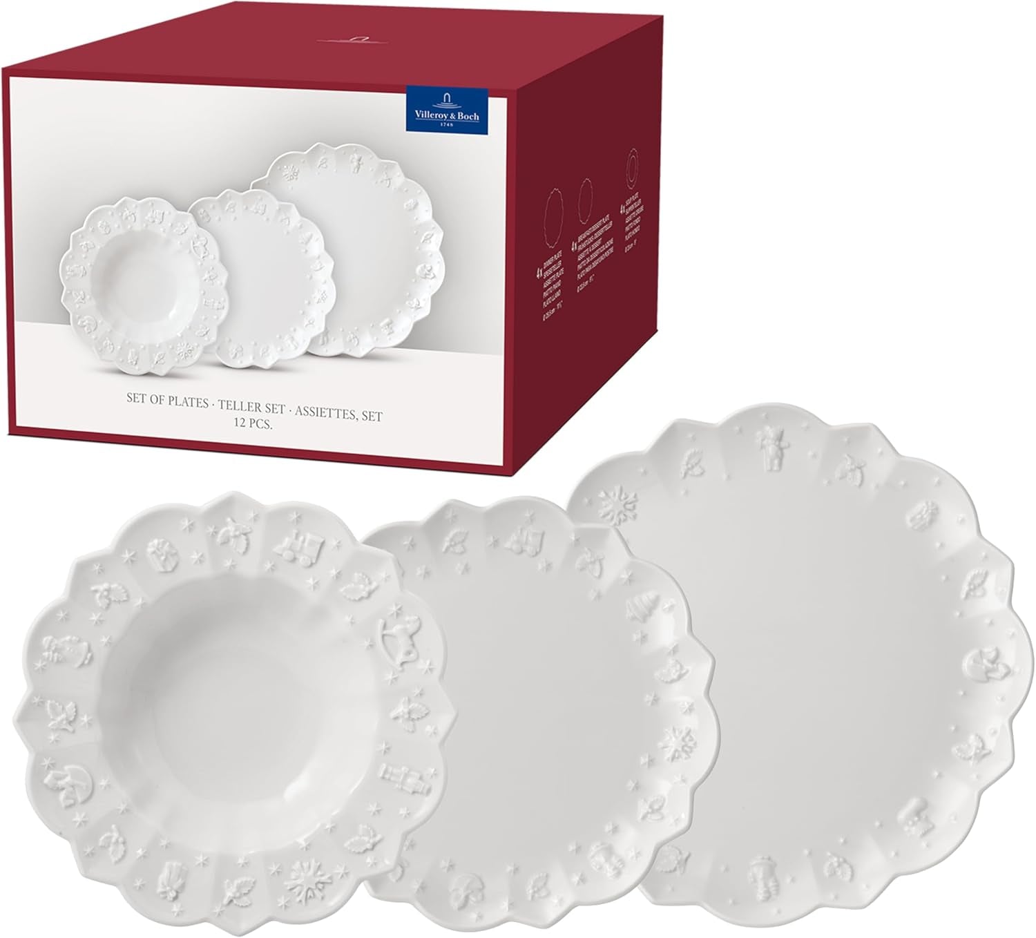 Villeroy & Boch Toy's Delight Royal Classic 12-teiliges Geschirrset, spülmaschinen- und mikrowellengeeignet, weiß, Teller, 4-Personen-Geschirrset, Weihnachtsgeschirr, Spielzeug, Premium-Porzellan