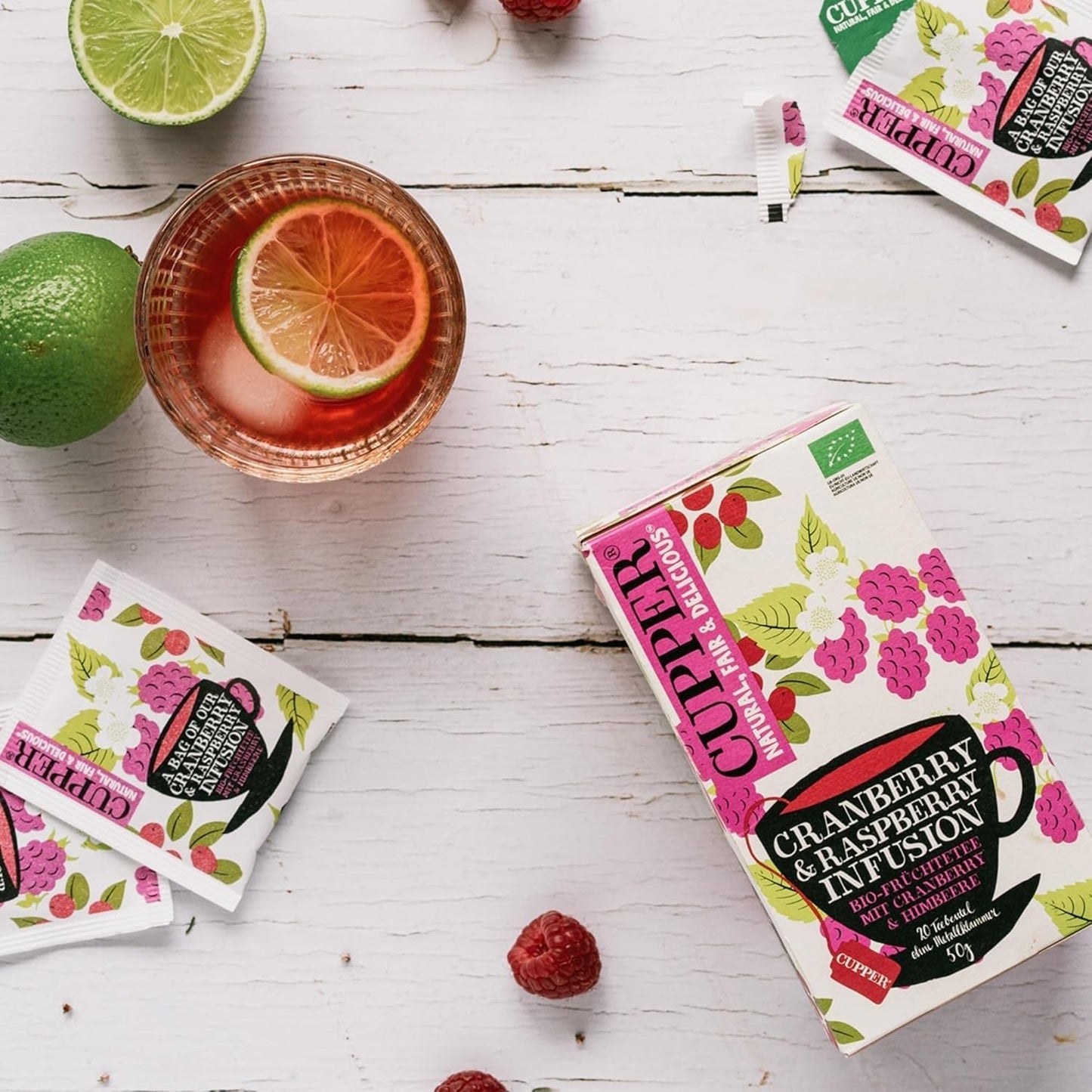 4Er Pack CUPPER Bio-Früchtetee „Cranberry & Raspberry Infusion“, 4X20 nicht-weiße Teebeutel, Bio, Fair Trade