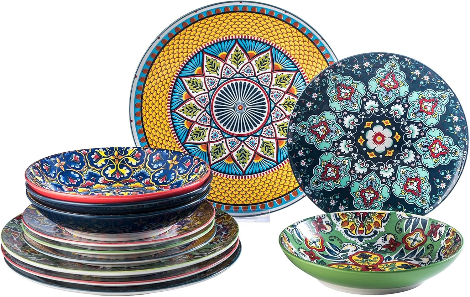 HENXFEN LEAD Porzellan-Geschirr-Set, 12-teiliges Geschirr-Set für 4, buntes Geschirr-Set für 4 – handbemalte Teller, Dessertteller, Suppenteller – Bohemian-Stil