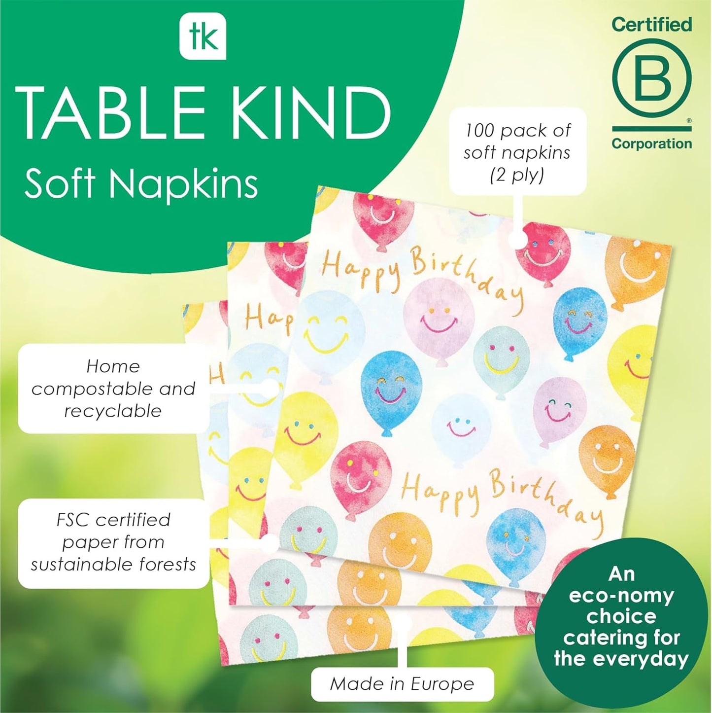 Hochwertige Happy Birthday Smiley-Papierservietten, Ballonservietten für Party-Catering, umweltfreundliche Einwegservietten, kompostierbar, langlebig und recycelbar