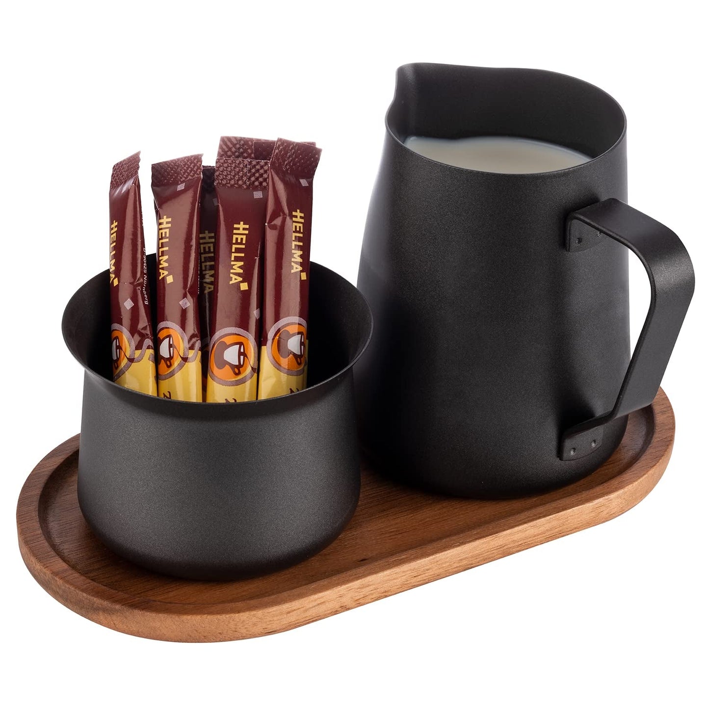 Milch- und Zuckerset APS 634, 5-teiliges Set, Akazienholz, Edelstahl, Antihaftbeschichtung, schwarz