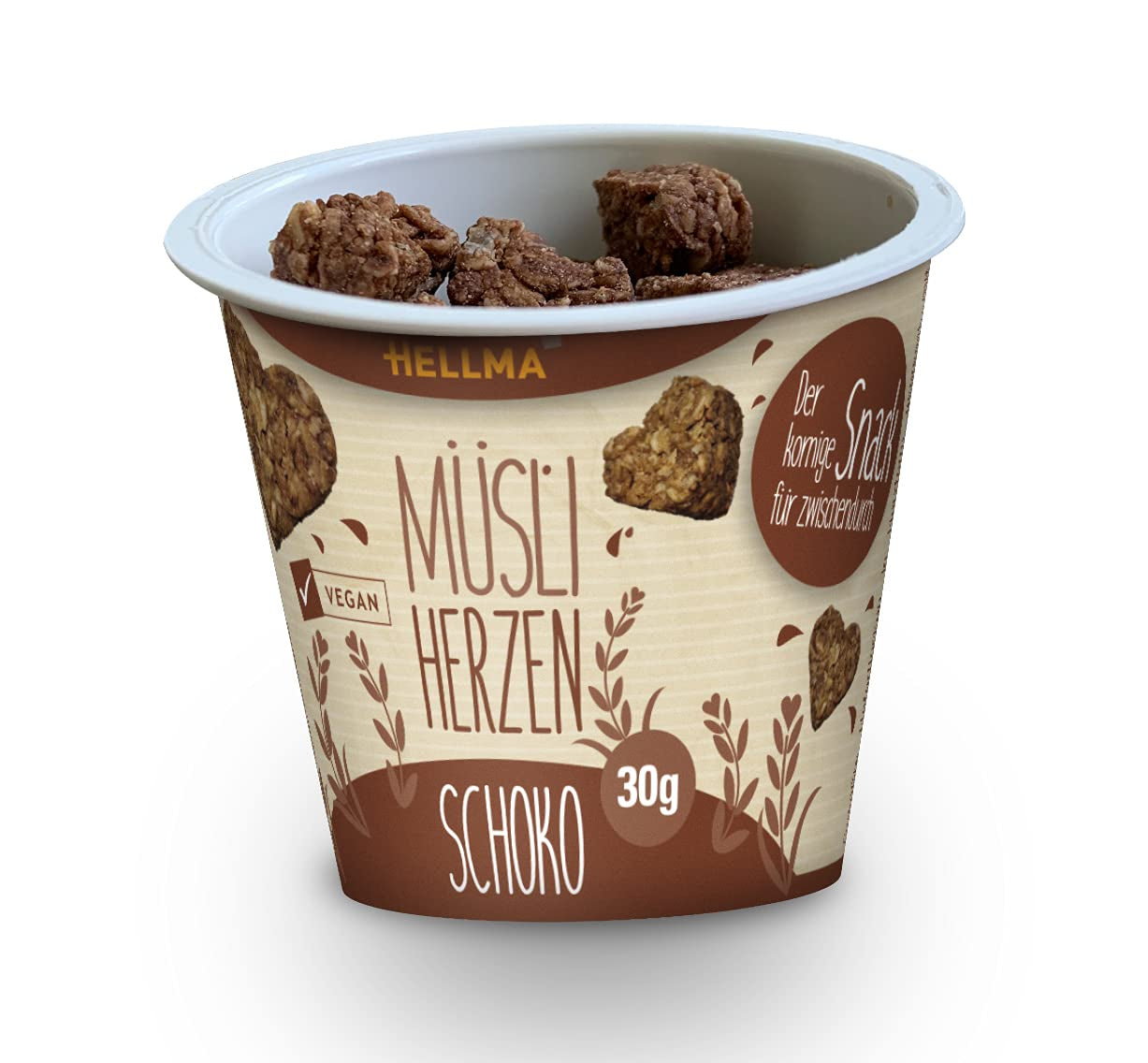 HELLMA Inimioare cu Muesli și Ciocolată - 18 porții, câte 30 g fiecare - Fulgi de ovăz acoperiți cu ciocolată în formă de inimă, pahare la pachet