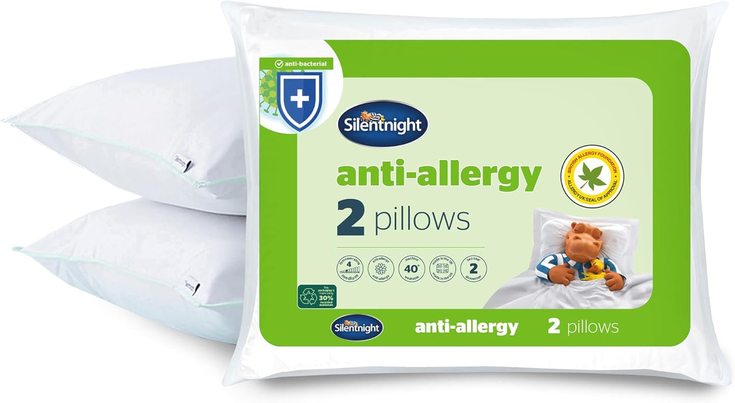 Silentnight Anti-Allergie-weiches Kissen, 2er-Pack, weiches Stützkissen aus Federfaser, ideal für Vorder- und Bauchschläfer, hypoallergen und maschinenwaschbar, 2er-Pack. Naty Shop Standard-Kissen, 2er-Pack, weiche Unterstützung