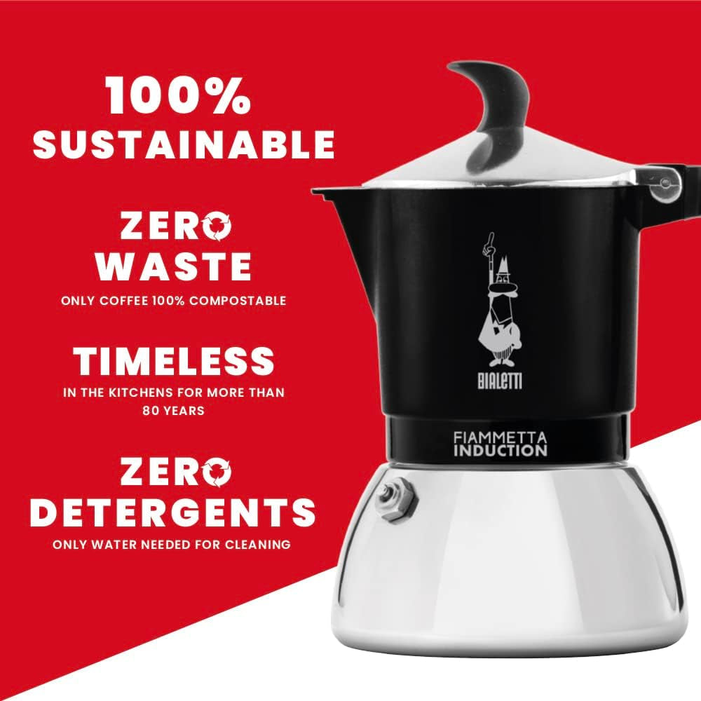Bialetti Fiammetta Induktionskaffeemaschine, 2 Tassen (100 ml), für alle Herdarten geeignet, elegantes Design, schwarz