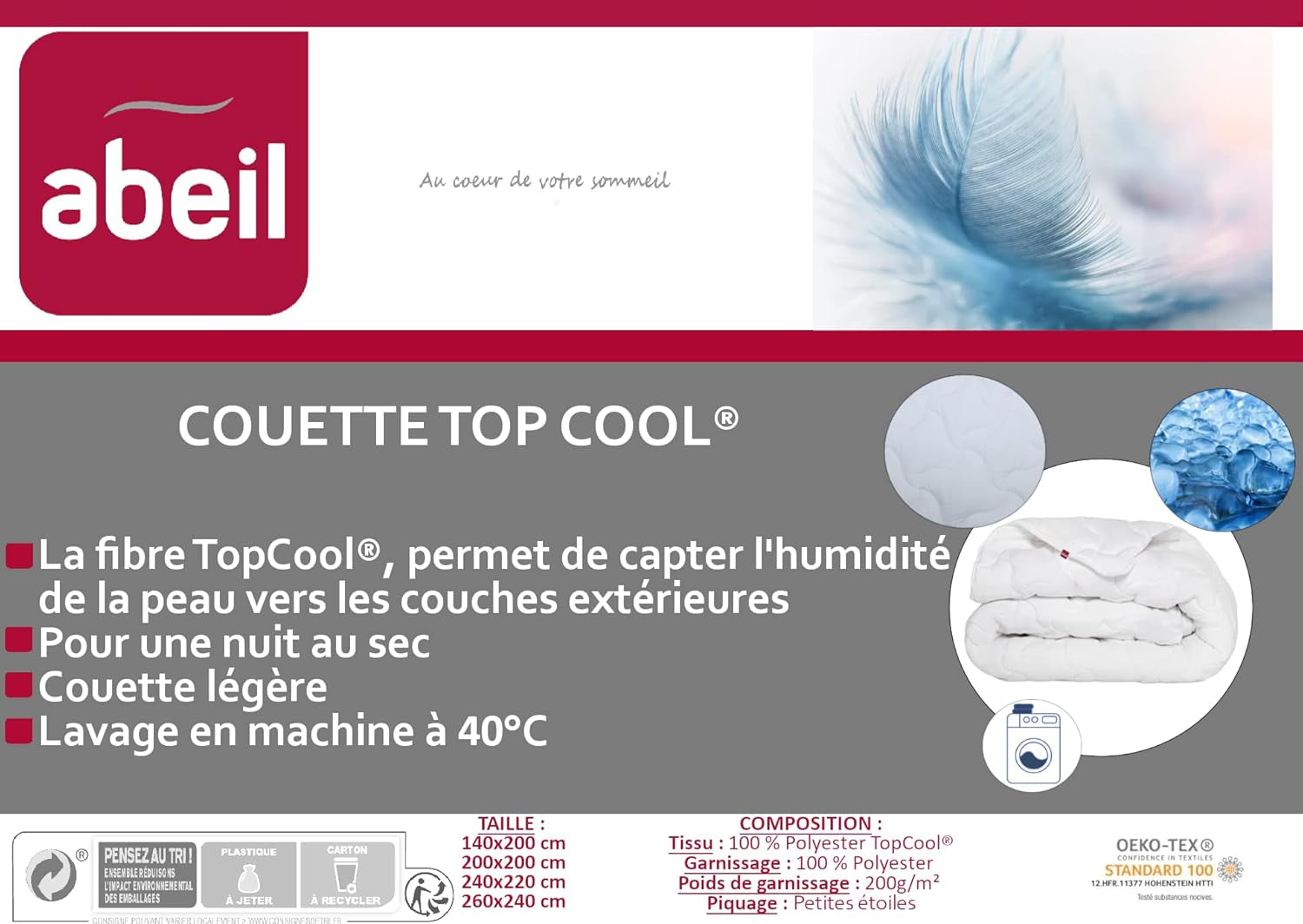 Abeil 1388 Bettdecke Topcool, dünn, Feuchtigkeitsregulierer, weiß, 240 x 260 cm Bettdecken und Steppdecken Naty Shop