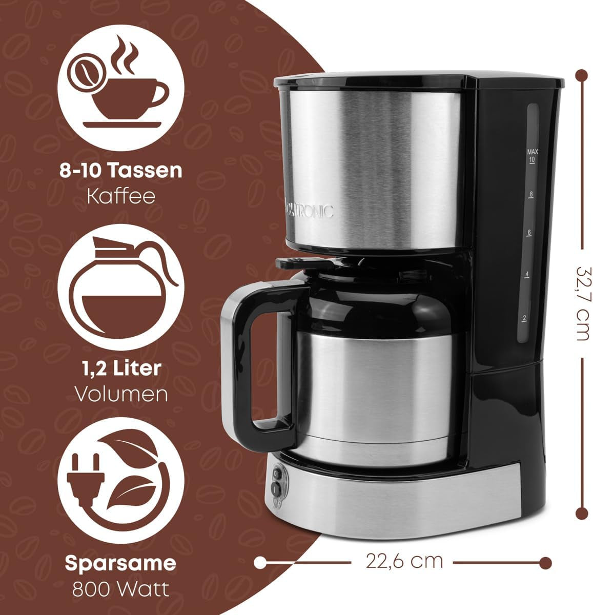 Clatronic® Kaffeemaschine mit Thermokaraffe für 8–10 Tassen Kaffee (ca. 1,2 l) | Filterkaffeemaschine aus Edelstahl | Doppelwandige Thermoskaraffe | Kein Temperaturverlust | Kaffeemaschine 800 W | KA 3805