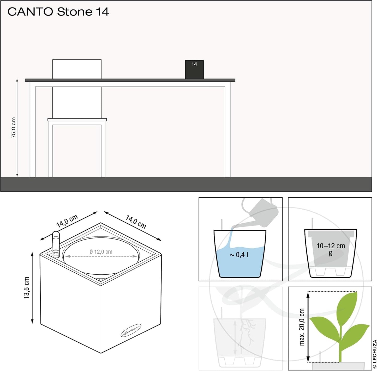 Hochwertiger Kräuterwürfel LECHUZA CANTO Stone 14 mit Stabbewässerungssystem, steingrau