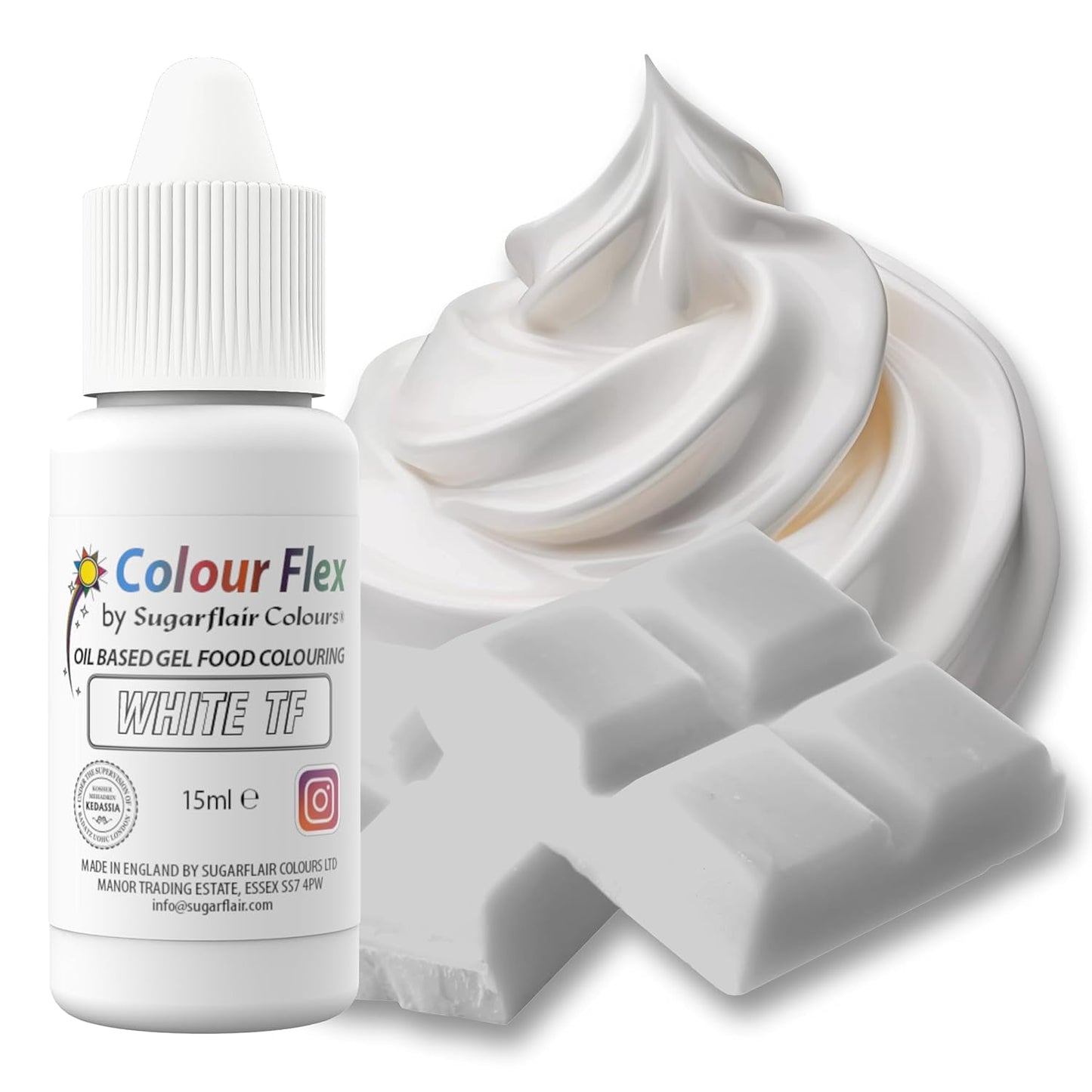 Sugarflair Colourflex Weiße Lebensmittelfarbe auf Ölbasis, hochkonzentrierte flüssige Lebensmittelfarbe, Lebensmittelfarbe für Buttercreme, Schokolade, Teig, Fondant, Zuckerguss und mehr – 15 ml