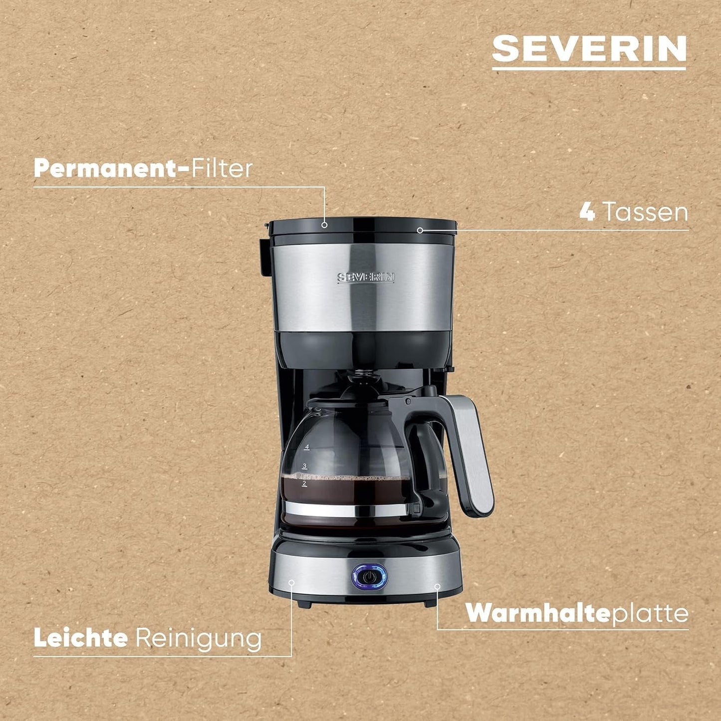 SEVERIN Kompakt-Espressomaschine, aromatischer Kaffee mit Kaffeemaschine für bis zu 4 Tassen, Espressomaschine mit Filter und Permanent-Schwingfilter, Edelstahl/Schwarz, KA 4808