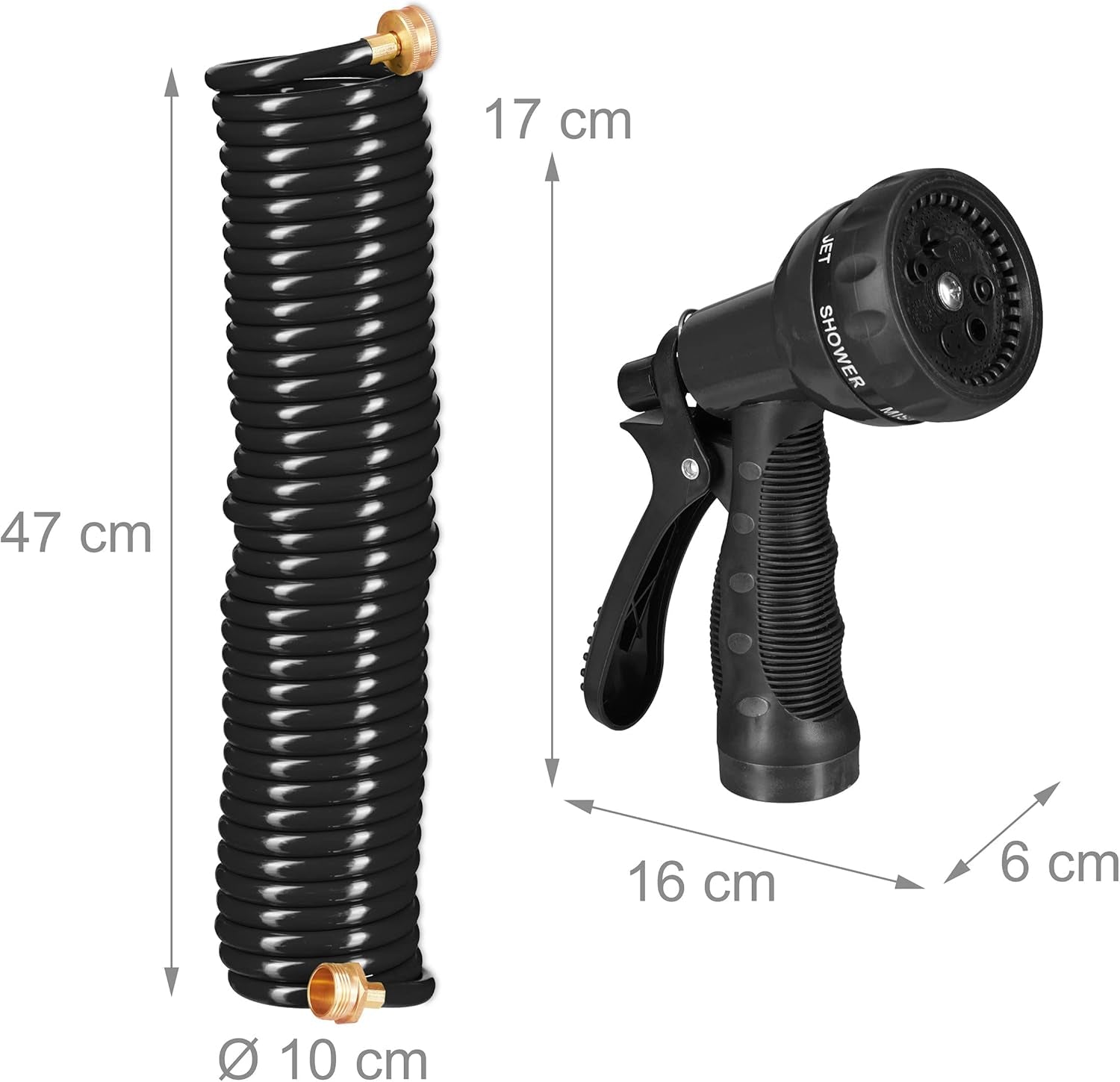 Relaxdays Spiralschlauch, ausziehbar bis 10 m, flexibler Gartenschlauch mit Wassersprüher, 7 Sprühmuster, schwarz