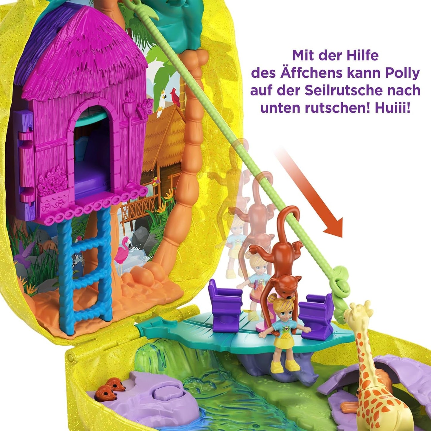 Polly Pocket GKJ64 – Tragbare Ananas-Taschen-Kompaktdose mit 8 lustigen Funktionen, Polly- und Lila-Puppen, 2 Zubehörteilen und Aufkleberbogen; Spielzeug für Kinder ab 4 Jahren