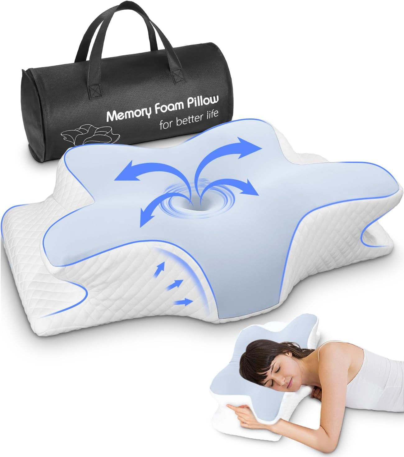 Nackenkissen, Seitenstützkissen, Memory-Schaum-Kissen, orthopädisches Kissen, ergonomisches Nackenstützkissen für optimale Unterstützung von Rücken und Bauch, Seitenstützkissen (62 x 41 x 13 cm), orthopädische Halskissen von Naty Shop, Blau
