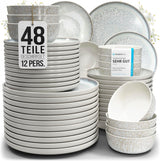 48-teiliges Keramik-Steinzeug-Geschirrset für 12 Personen, Ibiza-Design, TESTSIEGER. Ein wunderschönes mediterranes Geschirrset aus Keramiksteinzeug mit Schüsseln und Tellern. Pure Living Geschirrset, beige.