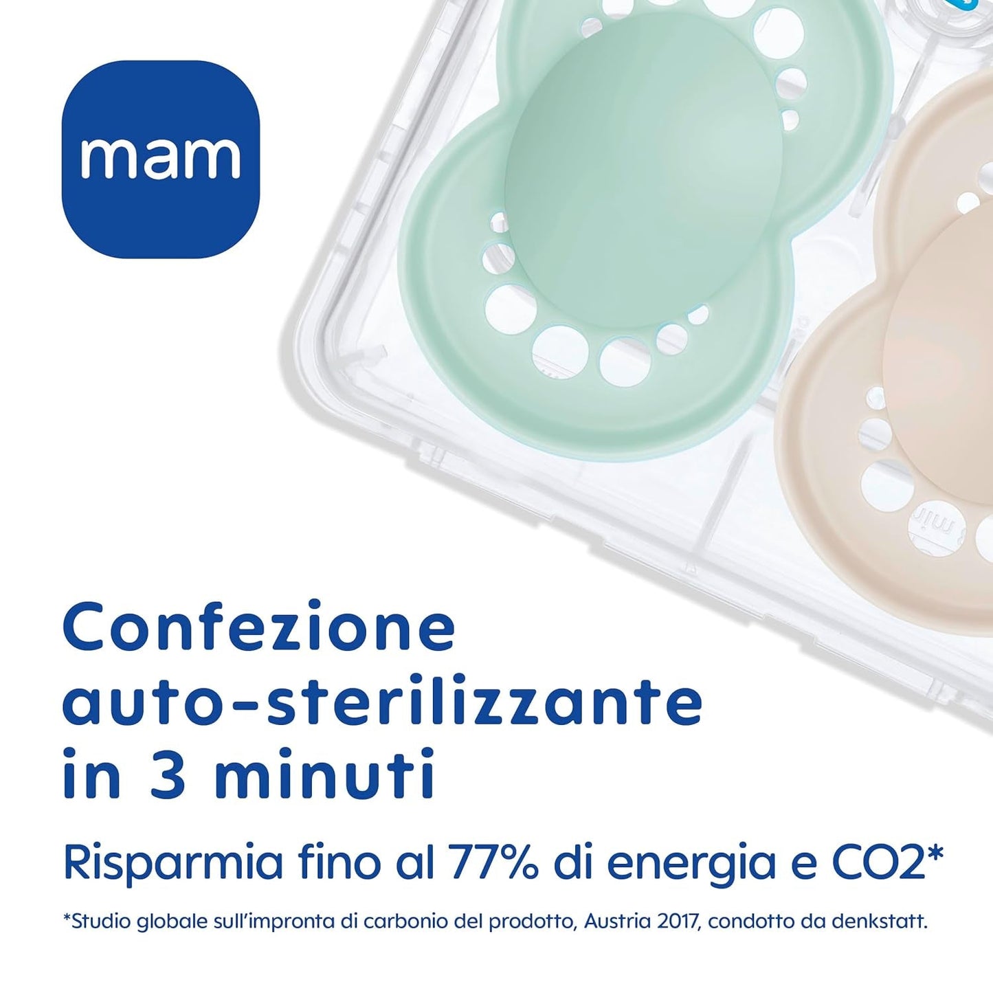 MAM Schnuller ab 6 Monaten (2er-Pack) MAM 6–16 Monate, leuchtet im Dunkeln mit Gummisauger, 2er-Pack mit sterilisierendem Schnullerhalter, Hellblau/Hellblau