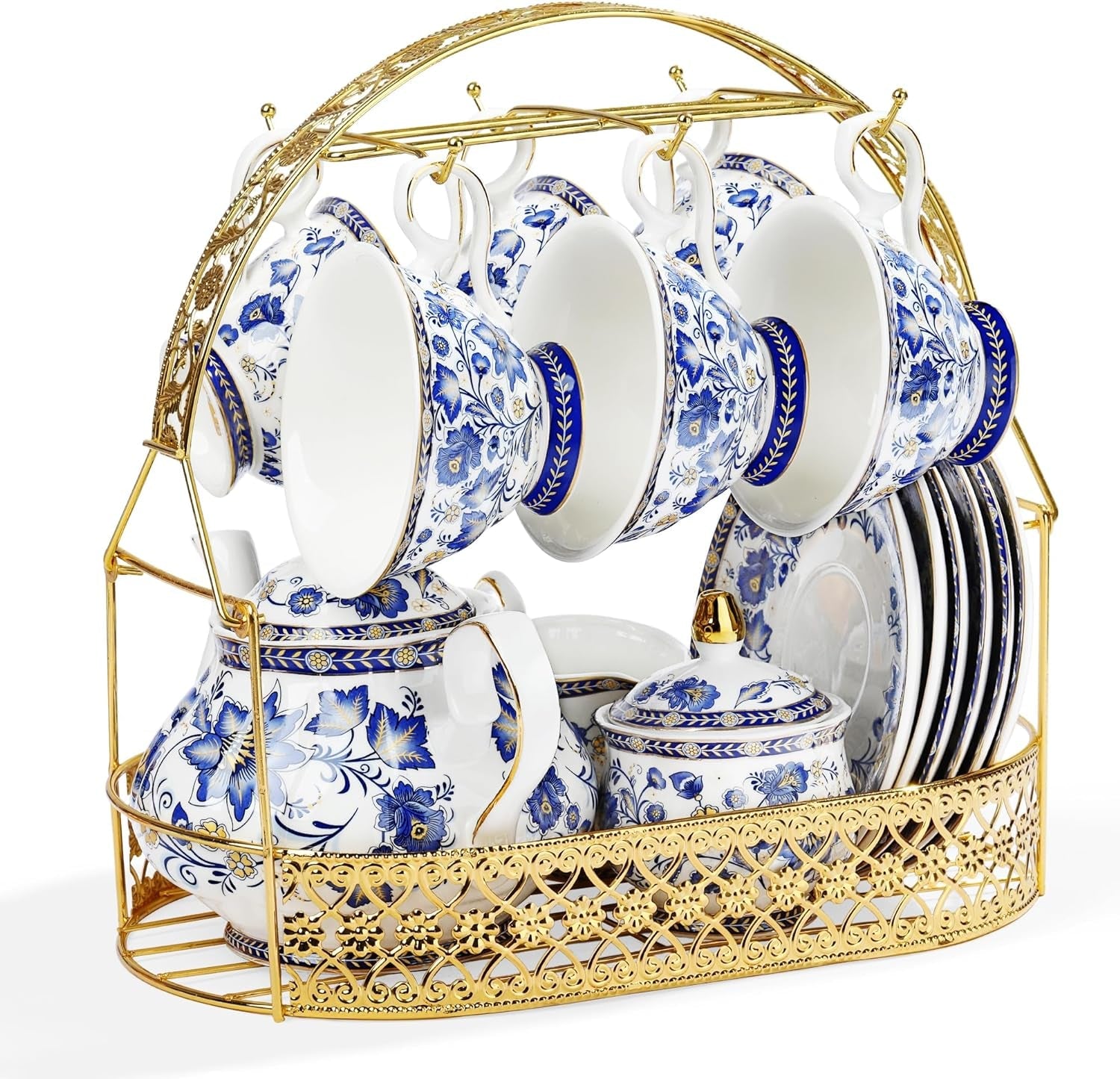 Fanquare Blue Flower Porzellan-Teeservice mit Metallständer, Vintage-Porzellan-Kaffeetasse und Untertasse, englisches Kaffeeset für Erwachsene