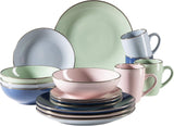 MÄSER 931870 Metallgestell, Modernes Geschirrset für 4 Personen mit messingfarbenem Gestell, 16-teiliges Kombinationsset mit Coupé-Formen ohne Gestell, Mehrfarbig, Steingut, Pastel'n'Blue