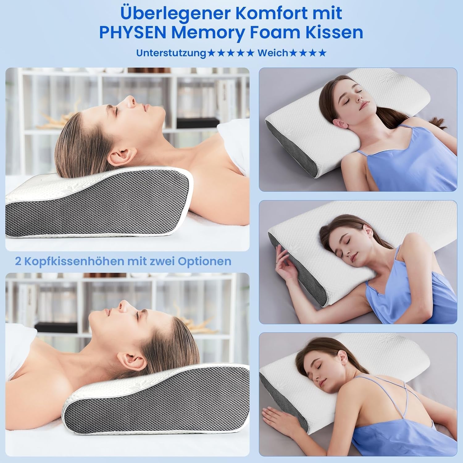 PHYSEN Orthopädisches Kissen, Nackenkissen, Nackenstützkissen, Memory-Schaum-Kissen, ergonomisches Nackenschmerzkissen, Schlafkissen, Anti-Schnarch-Kissen für Seiten, Rücken und Bauch (62 x 34 x 11,6,5 cm). Orthopädische Halskissen von Naty Shop