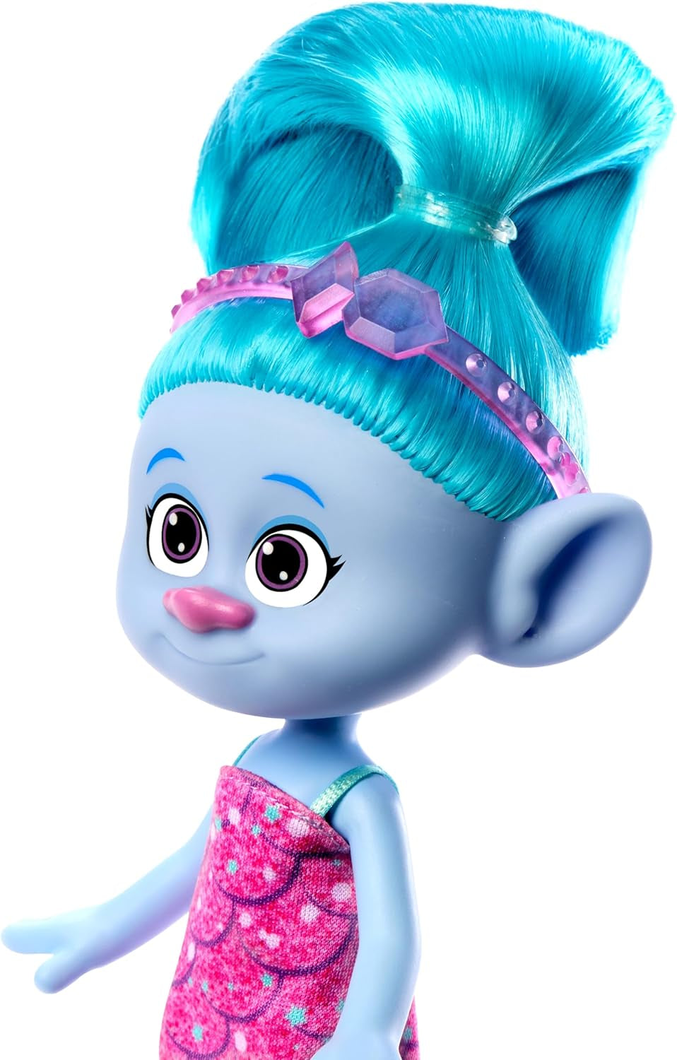 Mattel DREAMWORKS TROLLS United We Stand – Chenille Hairy Surprises Puppe mit glitzerndem blauem Haar, lila Stirnband, ab 3 Jahren, HNF15