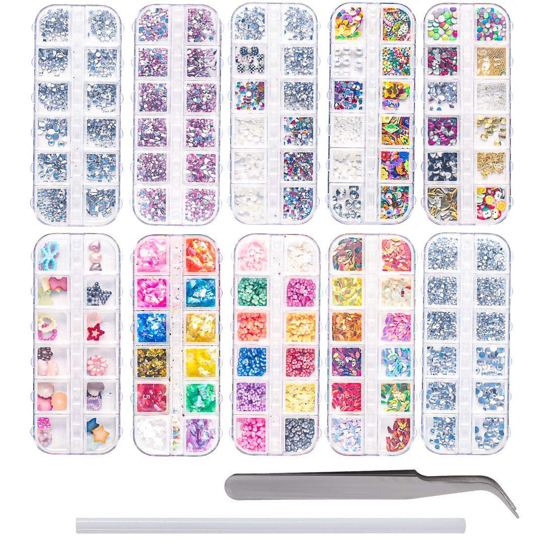 10 Boxen Nagel-Strasssteine-Set, multifunktionales Zubehör mit 1 Pinzette, dekorative Diamanten, Kristalle, Perlen, Edelsteine, bunt, gemischt, Pferdeaugen, metallische Steine, für DIY-Nagelkunst-Dekorationen