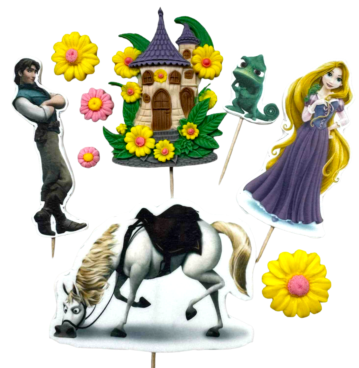 DulceCraft Set mit 9 essbaren Rapunzel-Dekorationen – Figuren aus Zuckerpaste, 1–10 cm, für Kuchen