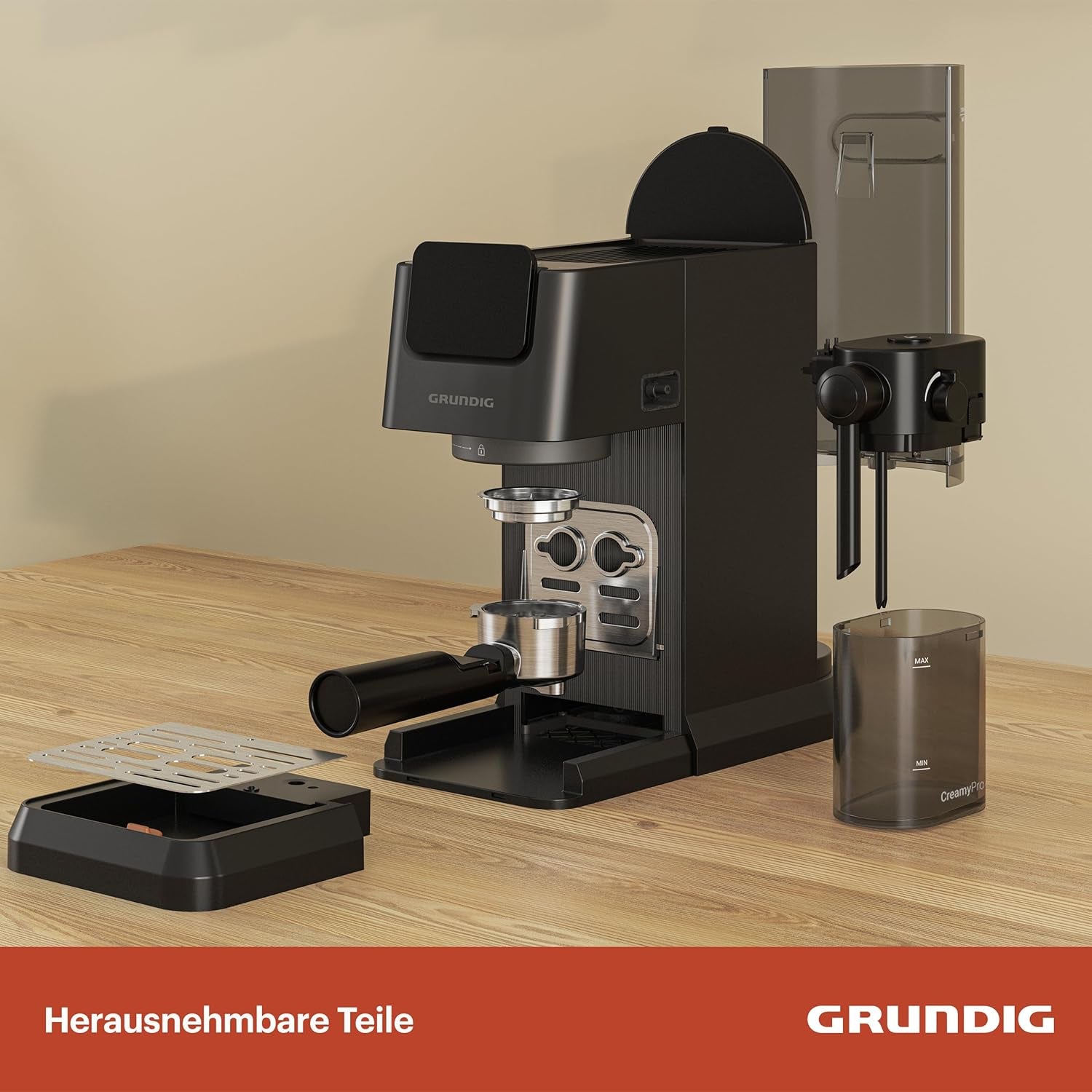 Siebträger-Espressomaschine GRUNDIG KSM 5330 mit integriertem Milchbehälter, Leistung 1628 W, Pumpendruck 15 bar, Doppeldüse, farbiges Touch-Display, BrewSense, CreamyPro, Edelstahl dunkel/Schwarz